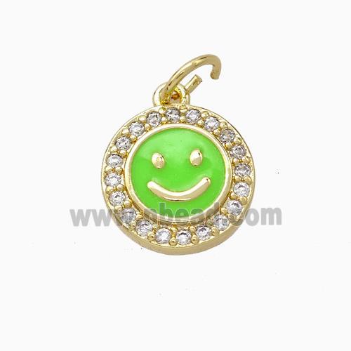 Copper Emoji Pendant Pave Zirconia Green Enamel Smile Face Gold Plated