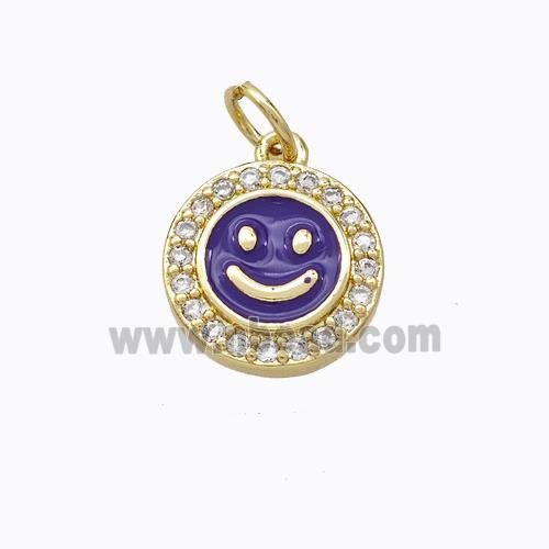 Copper Emoji Pendant Pave Zirconia Purple Enamel Smile Face Gold Plated