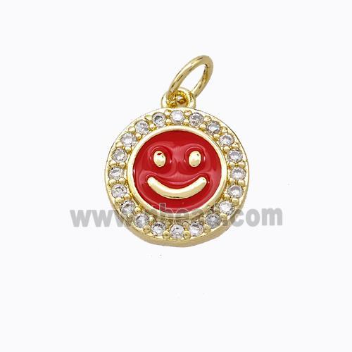 Copper Emoji Pendant Pave Zirconia Red Enamel Smile Face Gold Plated