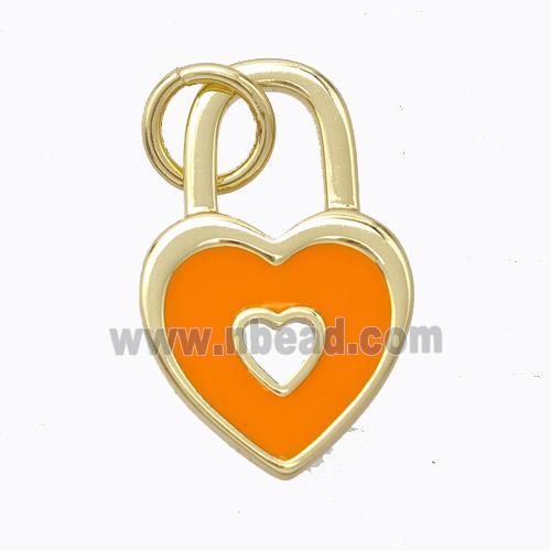 Copper Heart Lock Pendant Orange Enamel Gold Plated