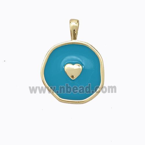 Copper Heart Pendant Teal Enamel Circle Gold Plated