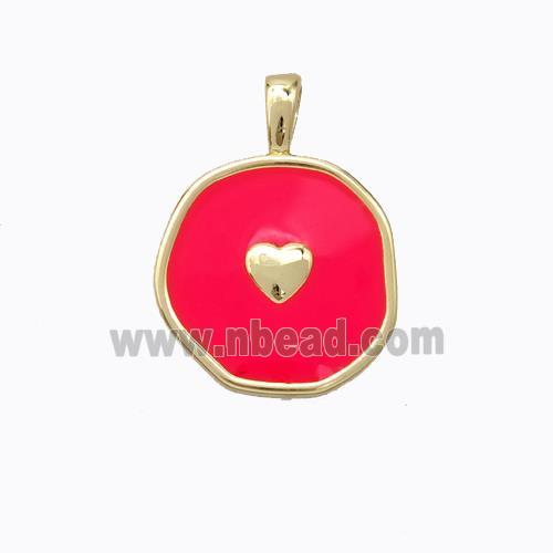 Copper Heart Pendant Red Enamel Circle Gold Plated