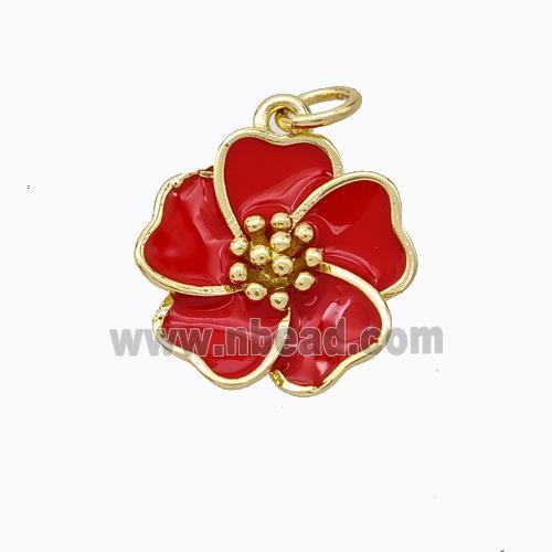 Copper Flower Pendant Red Enamel Gold Plated