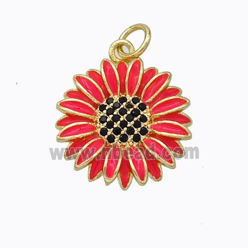 Copper Sunflower Pendant Red Enamel Gold Plated