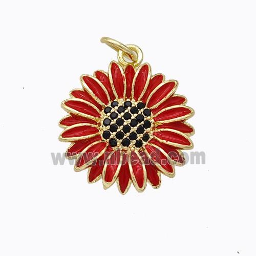 Copper Sunflower Pendant Red Enamel Gold Plated