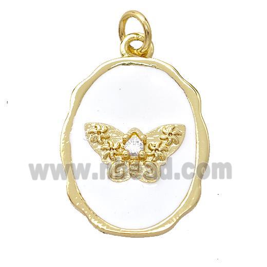 Copper Butterfly Pendant Pave Zirconia White Enamel Oval Gold Plated