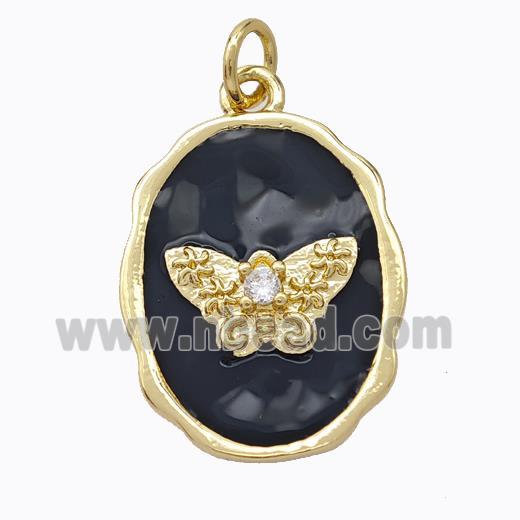 Copper Butterfly Pendant Pave Zirconia Black Enamel Oval Gold Plated