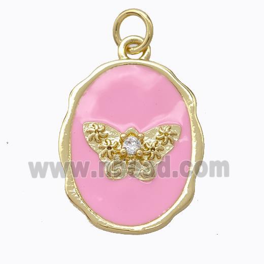 Copper Butterfly Pendant Pave Zirconia Pink Enamel Oval Gold Plated