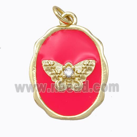 Copper Butterfly Pendant Pave Zirconia Red Enamel Oval Gold Plated