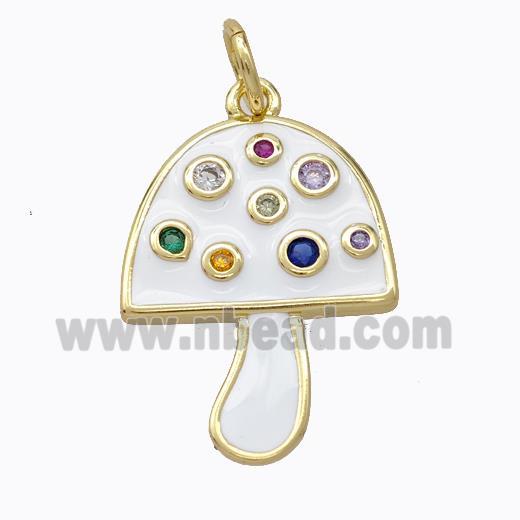 Copper Mushroom Pendant Micro Pave Zirconia White Enamel Gold Plated