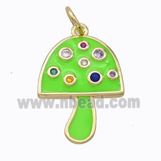 Copper Mushroom Pendant Micro Pave Zirconia Green Enamel Gold Plated