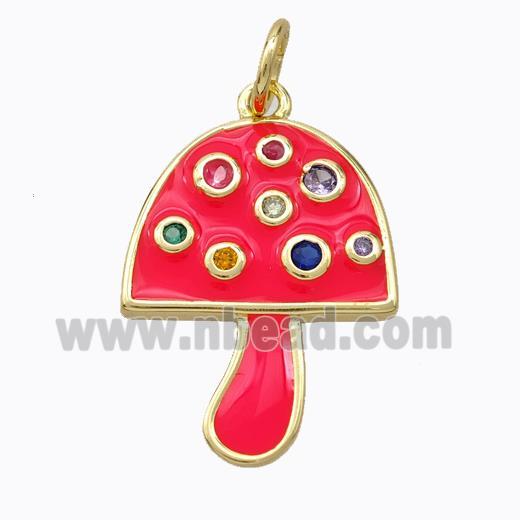 Copper Mushroom Pendant Micro Pave Zirconia Red Enamel Gold Plated