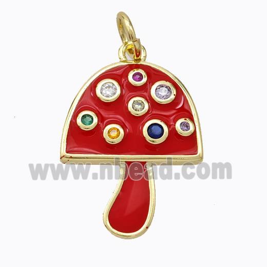 Copper Mushroom Pendant Micro Pave Zirconia Red Enamel Gold Plated