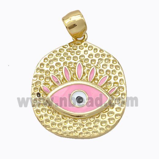 Copper Eye Pendant Pink Enamel Circle Gold Plated