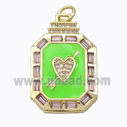 Cupid Arrow Heart Charms Copper Pendant Pave Zirconia Green Enamel Rectangle Gold Plated