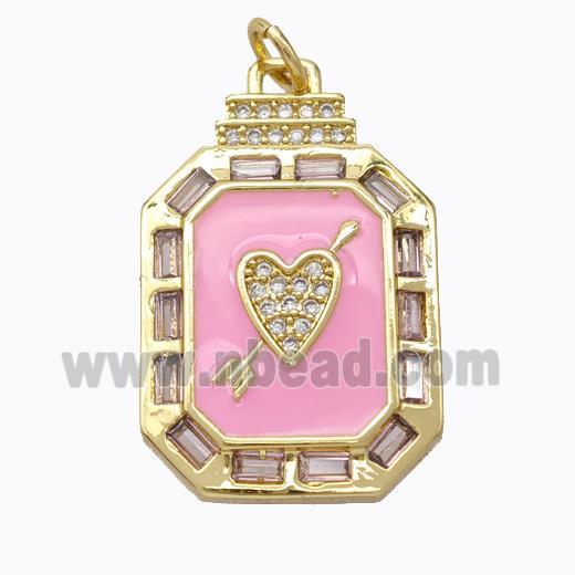 Cupid Arrow Heart Charms Copper Pendant Pave Zirconia Pink Enamel Rectangle Gold Plated