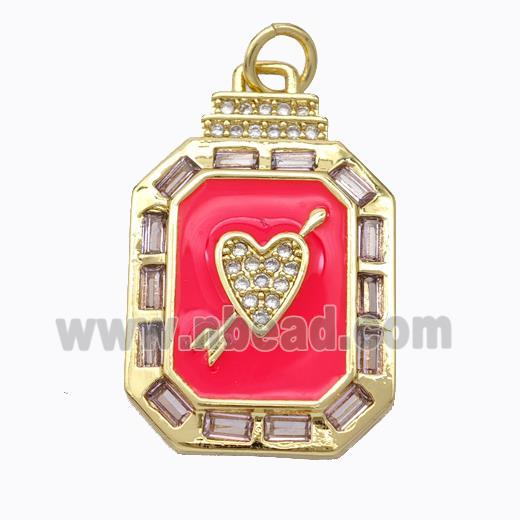 Cupid Arrow Heart Charms Copper Pendant Pave Zirconia Red Enamel Rectangle Gold Plated