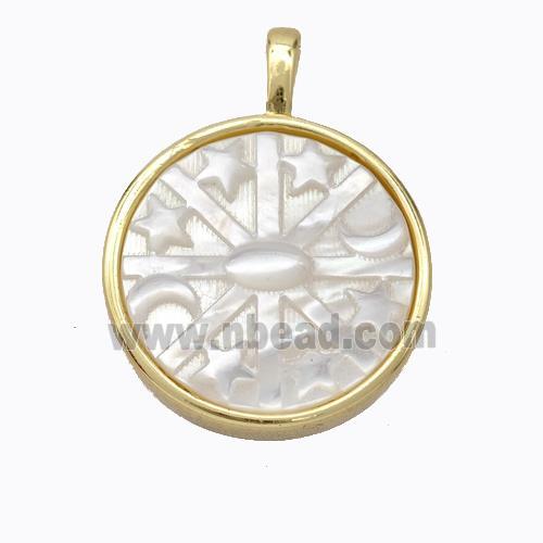 Copper Circle Pendant Pave Shell Moon Star Gold Plated