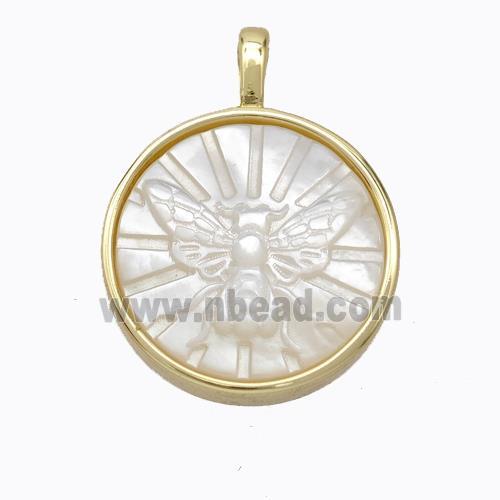 Copper Circle Pendant Pave Shell Butterfly Gold Plated