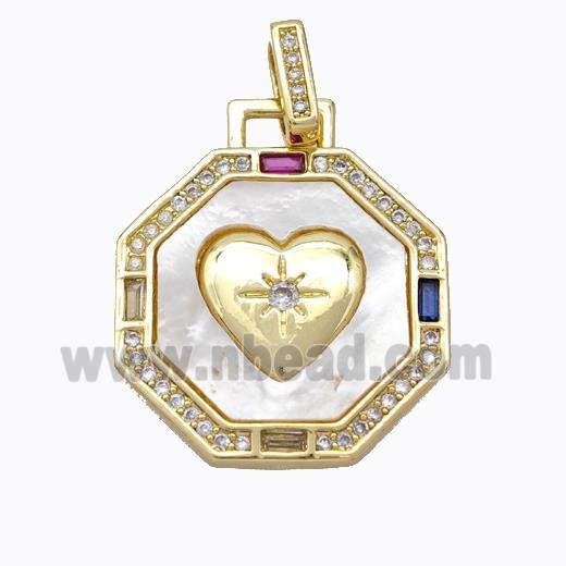 Copper Octagon Pendant Pave Zirconia Shell Heart Gold Plated