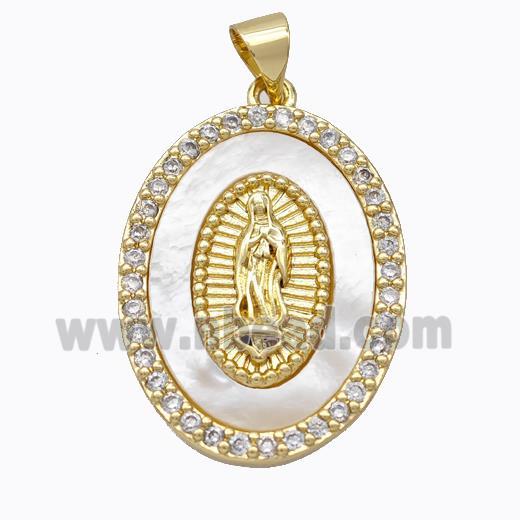 Jesus Charms Copper Oval Pendant Pave Shell Zirconia Gold Plated