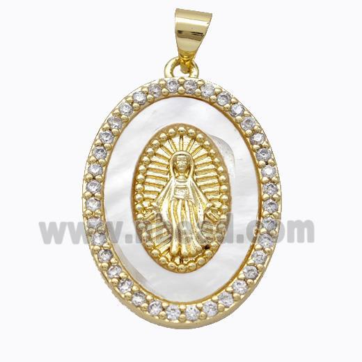 Virgin Mary Charms Copper Oval Pendant Pave Shell Zirconia Gold Plated