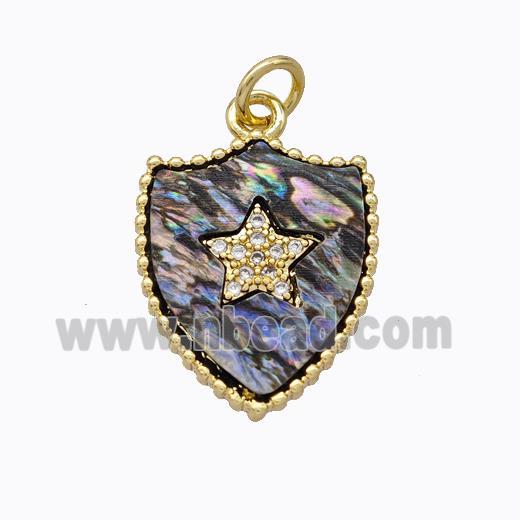 Copper Shield Pendant Pave Abalone Shell Zirconia Star Gold Plated