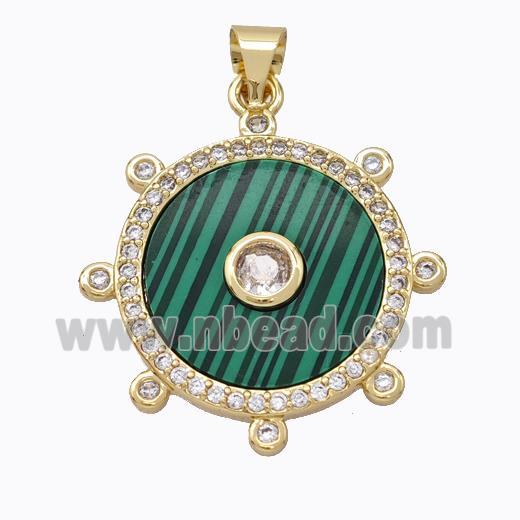 Copper Circle Pendant Pave Malachite Zirconia Gold Plated