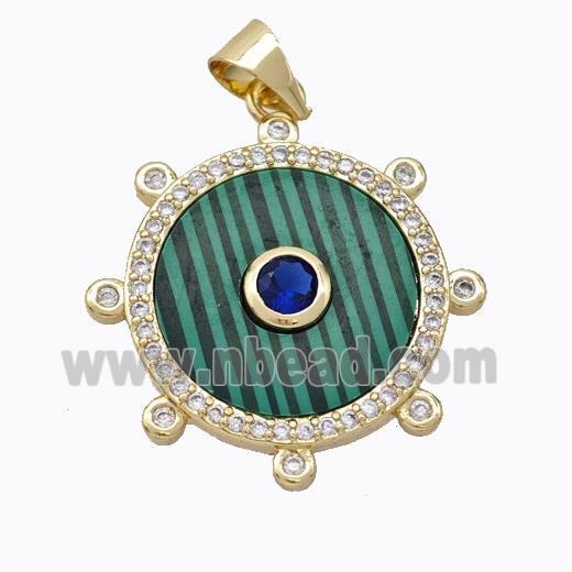 Copper Circle Pendant Pave Malachite Zirconia Gold Plated