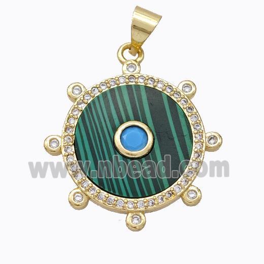 Copper Circle Pendant Pave Malachite Zirconia Gold Plated