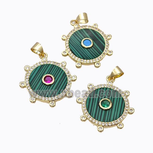 Copper Circle Pendant Pave Malachite Zirconia Gold Plated Mixed