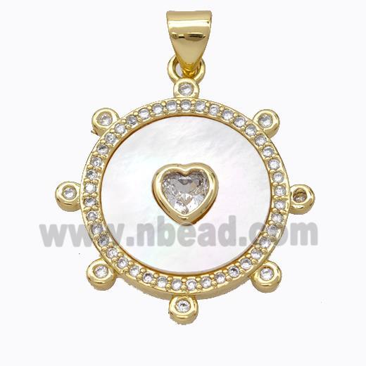 Copper Circle Pendant Pave Shell Heart Zirconia Gold Plated