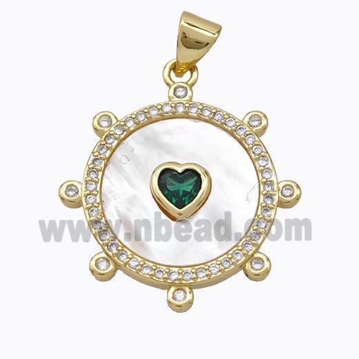 Copper Circle Pendant Pave Shell Heart Zirconia Gold Plated