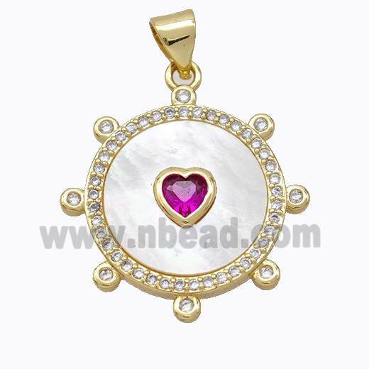 Copper Circle Pendant Pave Shell Heart Zirconia Gold Plated