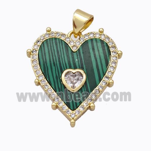 Copper Heart Pendant Pave Malachite Zirconia Gold Plated