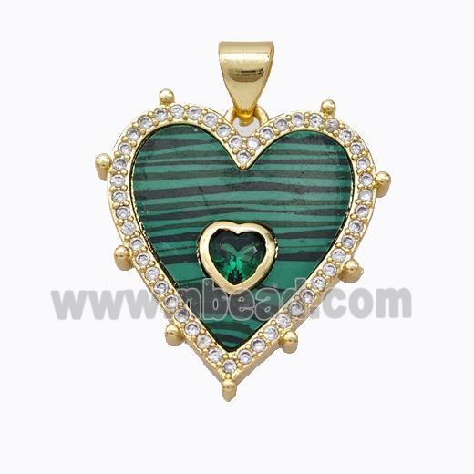 Copper Heart Pendant Pave Malachite Zirconia Gold Plated