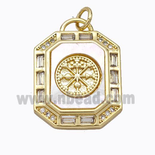 Copper Octagon Pendant Pave Shell Zirconia Compass Gold Plated