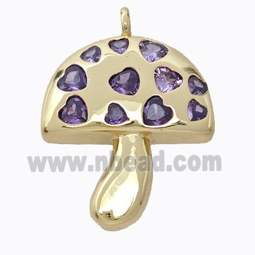 Copper Mushroom Pendant Micropave Purple Zirconia Gold Plated