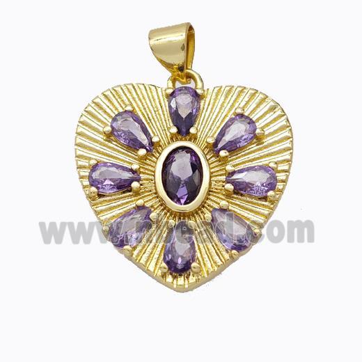 Copper Heart Pendant Micropave Purple Zirconia Gold Plated