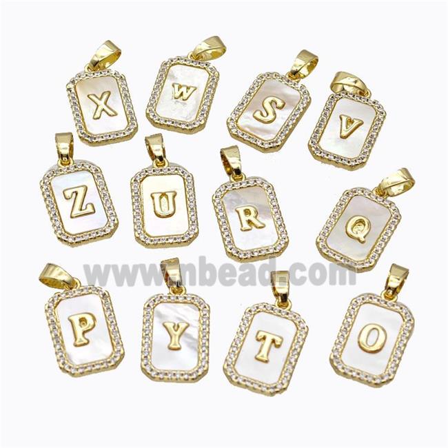 Copper Letter Pendant Micro Pave Shell Zirconia Rectangle Mixed Alphabet Gold Plated