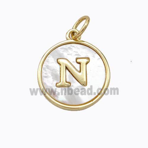 Copper Letter-N Pendant Pave Shell Gold Plated