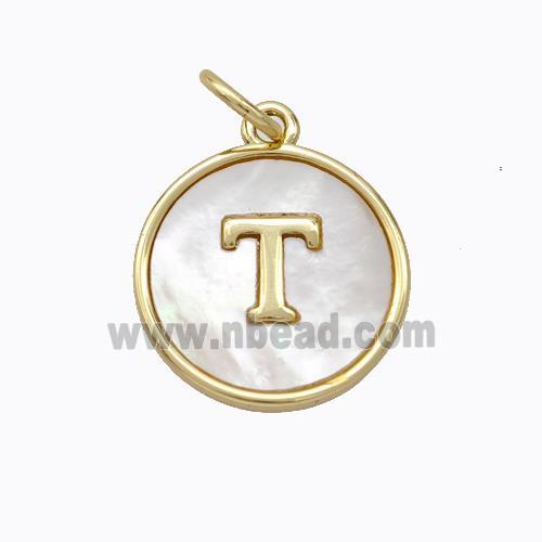 Copper Letter-T Pendant Pave Shell Gold Plated