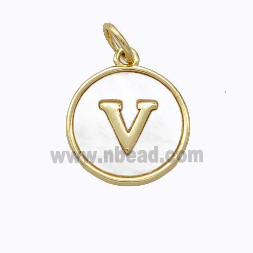 Copper Letter-V Pendant Pave Shell Gold Plated