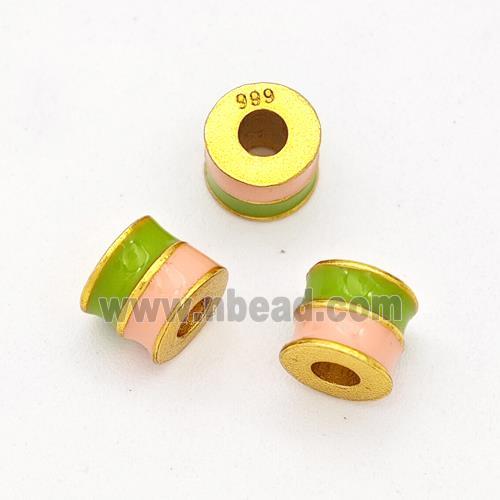 Copper Tube Beads Green Pink Enamel Large Hole Gold Plated