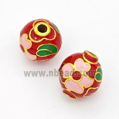 Copper Round Beads Cloisonne Multicolor Flower Gold Plated