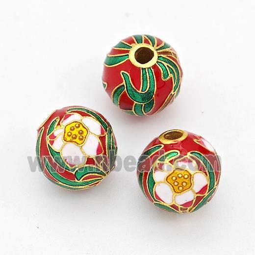 Copper Round Beads Cloisonne Multicolor Flower Gold Plated