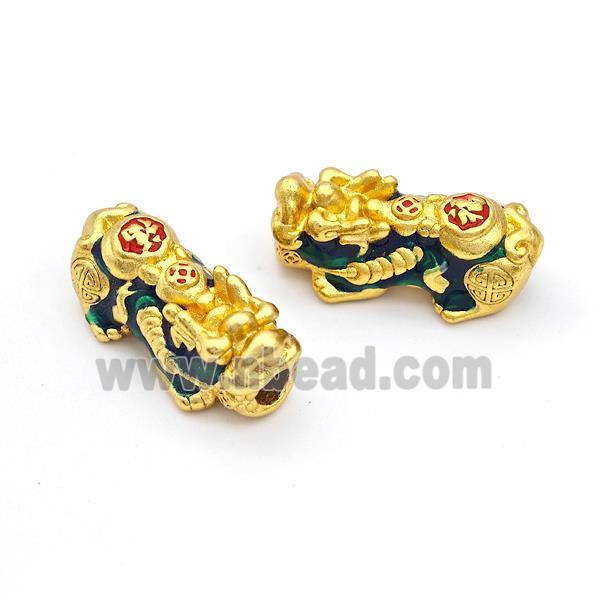 Copper Pixiu Charms Beads Darkgreen Enamel Large Hole Gold Plated