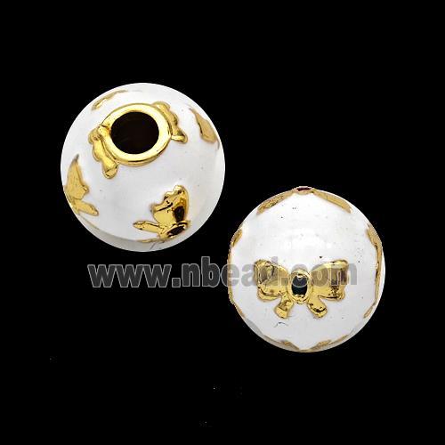 Copper Round Beads White Enamel Butterfly Gold Plated