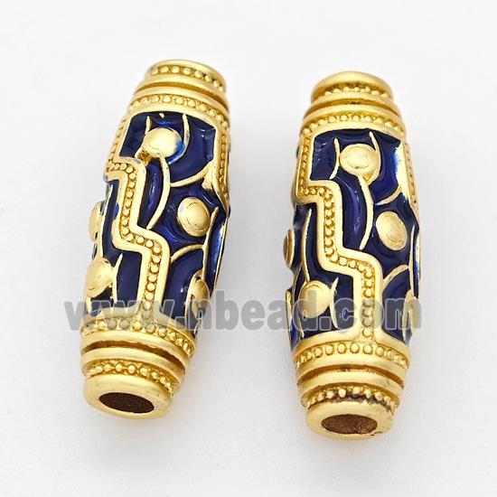 Copper Rice Beads Darkblue Enamel Large Hole Gold Plated