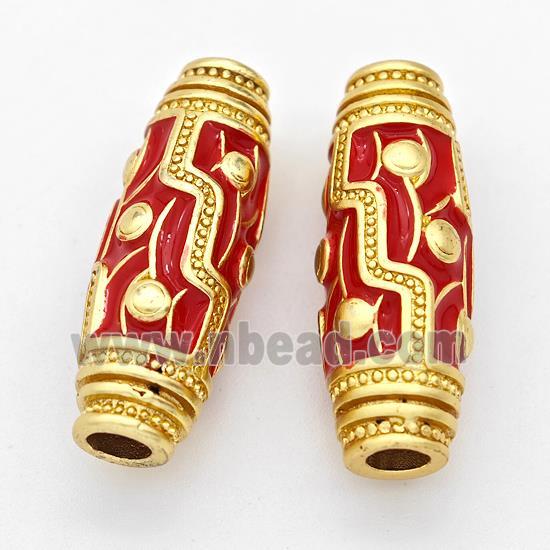 Copper Rice Beads Red Enamel Large Hole Gold Plated